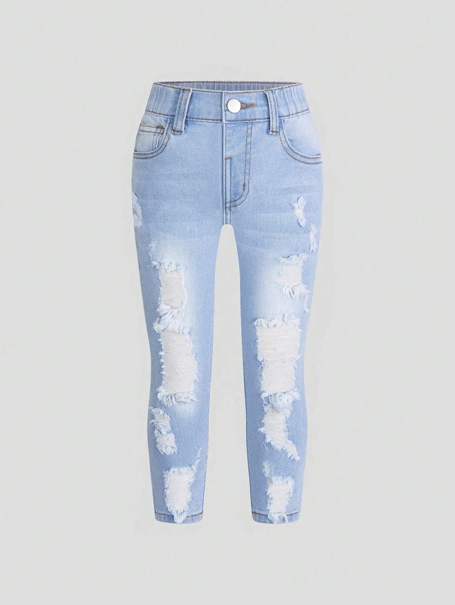Young Girl' All-Match Distressed Washed Denim Skinny Jeans - Light Wash - View 1