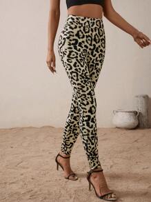 SHEIN LUNE 女士休闲修身弹力性感豹纹紧身裤 - 棕色 - 查看 4