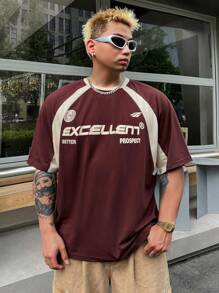 DAZY 男士字母印花圆领插肩短袖 T 恤，夏季 - 酒紅色 - 查看 5