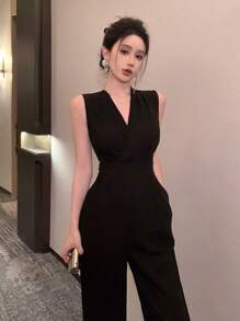 DAZY Bộ jumpsuit nữ màu trơn cổ chữ V không tay có thắt lưng, thích hợp cho dạ hội, công sở. - màu đen - Xem 7