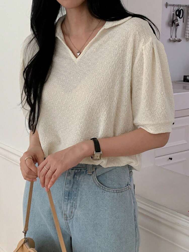 Women Textured Fabric Collared Puff Sleeve Short Sleeve Pullover Blouse, Spring/Summer