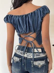 SHEIN Essnce Women's Casual Denim Top, Fashion And Stylish For Everyday Wear, Summer /Summer/Summer/Cute Summer Tops, Festival/Festival, Rave/Concert Women/Country Concert/Rave/Rave Summer For Woman - Blue - View 3