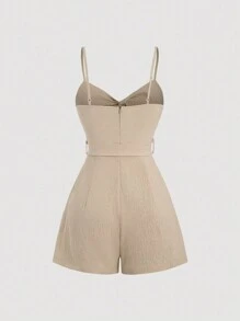 Sweetra Solid Color Knotted Front Sleeveless Romper - Khaki - View 2