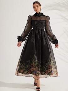 GENKIRA 优雅女士连衣裙，3D 花卉装饰，腰部合身，长袖，浪漫欧根纱面料，适合情人节、派对、约会 - 彩色 - 查看 1