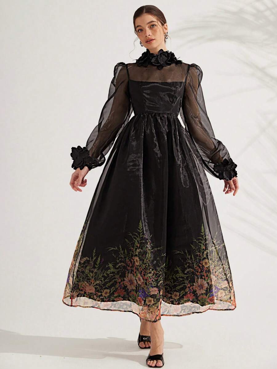 GENKIRA 优雅女士连衣裙，3D 花卉装饰，腰部合身，长袖，浪漫欧根纱面料，适合情人节、派对、约会 - 彩色 - 查看 1