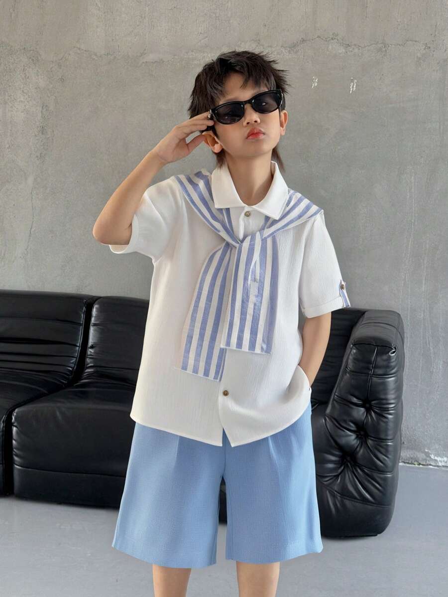 SHEIN Conjunto de 3 piezas con camisa tipo capa a rayas y shorts casual para niño preadolescente