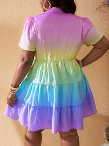 Slaydiva Plus Size Women Ombre Short Sleeve Single-Breasted Ruffle Hem Dress - Multicolor - View 2