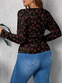 SHEIN LUNE Camiseta suelta de cuello redondo con estampado de rosa de talla grande para mujer, estilo minimalista