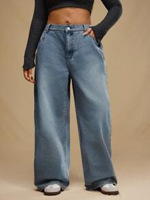 Forever 21 Plus Size Casual Washed Low Waist Wide Leg Jeans - Blue - View 4