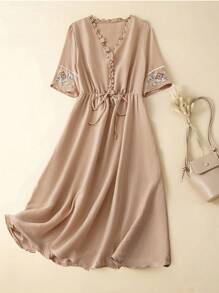 SHEIN LUNE Plus Size Summer Elegant Embroidered Mid-Length Dress, Spring - Dusty Pink - View 1