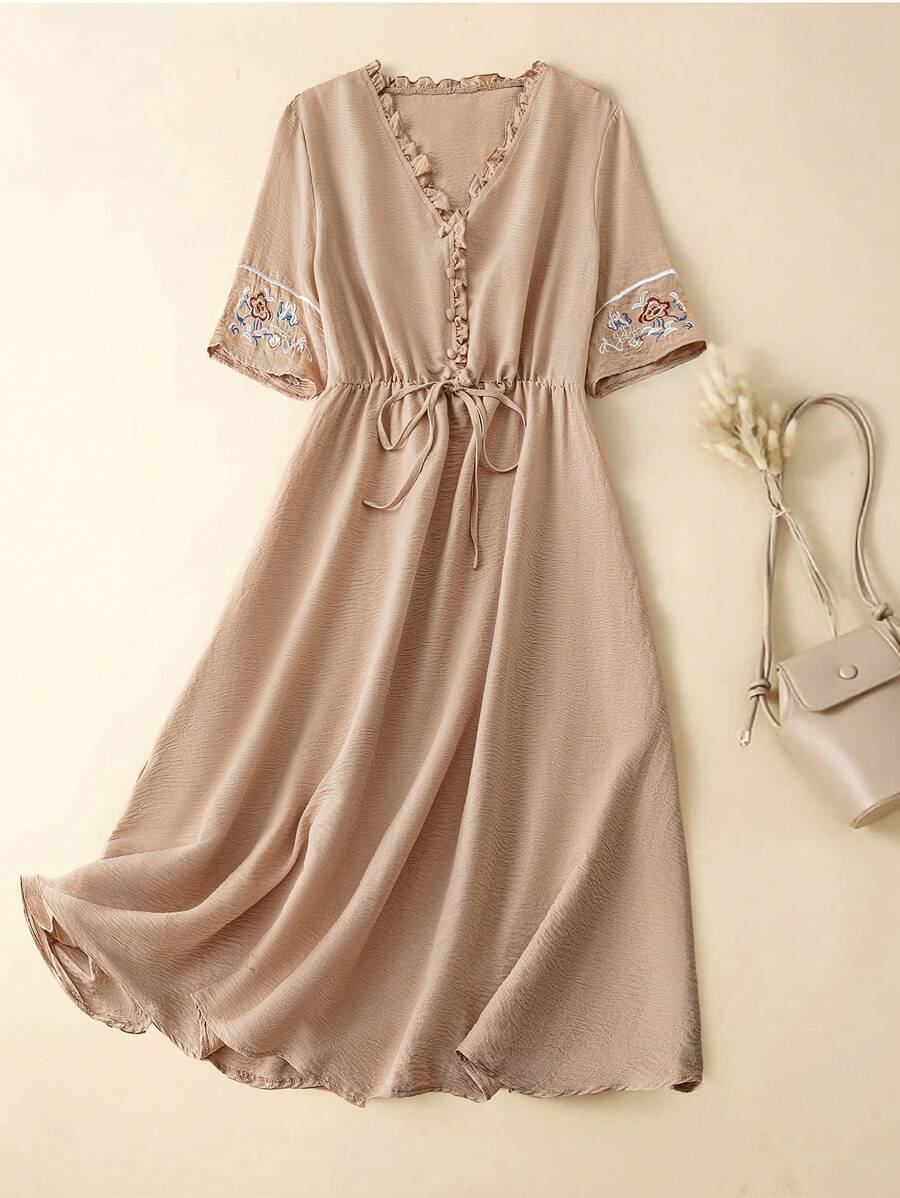 SHEIN LUNE Plus Size Summer Elegant Embroidered Mid-Length Dress, Spring - Dusty Pink - View 1