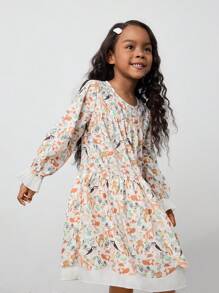 Maija Kids Maija Kids 春夏少女可爱动物碎花宽松舒适度假休闲外出春游活力校园聚拢灯笼袖荷叶边下摆A字长袖圆领连衣裙 - 彩色 - 查看 1