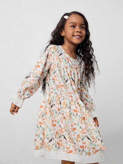 Maija Kids Maija Kids 春夏少女可爱动物碎花宽松舒适度假休闲外出春游活力校园聚拢灯笼袖荷叶边下摆A字长袖圆领连衣裙