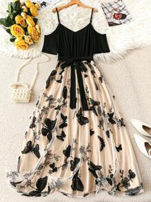 SHEIN Clasi Plus Size Women 3D Butterfly Embroidery Mesh Color Block Tie Waist Off Shoulder Slip Dress, Spring/Summer Holiday - Multicolor - View 3