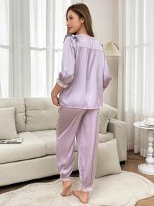 Softscene Comfortable Cute Peter Pan Collar Long Sleeve & Pants Women Pajama Set - Mauve Purple - View 2