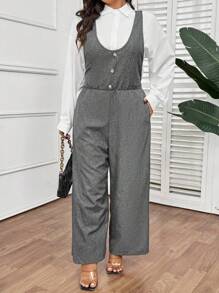 SHEIN Frenchy Plus Size Women Retro Casual Simple Front Button Jumpsuit - Grey - View 6