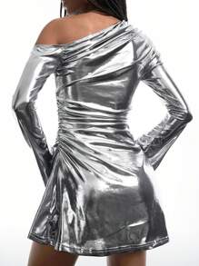 LYSMO Vestido corto de fiesta con cuello asimétrico metalizado y drapeado para mujer