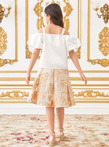 SHEIN Tween Girl Elegant Fitted Cute Puff Sleeve Off Shoulder Camisole + Pleated Floral Printed Skirt 2pcs Sets - White - View 2