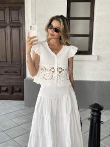 Chiquease 女式拼布荷叶边盖袖短款衬衫，夏装 - 杏色 - 查看 5