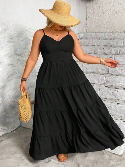 Breezaya 大码波西米亚纯色细肩带简约休闲长裙，适合夏季