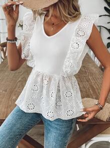 SHEIN LUNE Women's V-Neck Embroidered Cap Sleeve Casual Tank Top - White - View 6