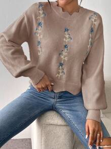 Chiquease Loose Knit Top With White Lace Collar, Embroidered Design, Suitable For Autumn/Winter