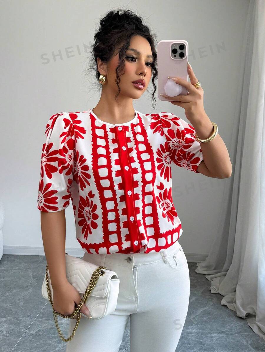 Rafferiza Blusa estilo camisa de mujer con cuello redondo, manga corta, de corte holgado y estampado floral - Rojo - Ver 1