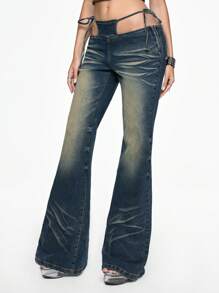 ROMWE Grunge Punk Y2K Rivet 2 In 1 Extremely Low Waist Flare Jeans Pants For Women, Suitable For Concerts & Festivals - Blue - View 4