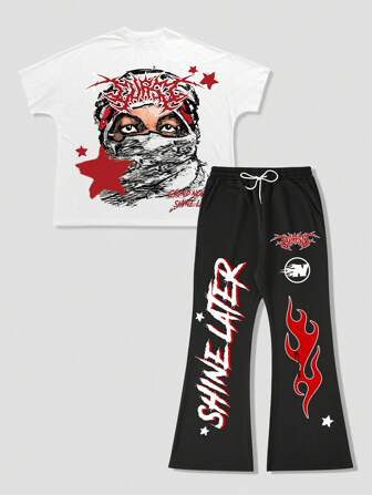 Street Life Ensemble t-shirt manches courtes et pantalon imprimé lettres de dessin animé pour hommes