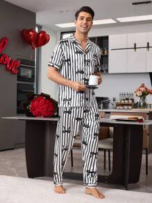 Men's Elastic Satin Print Lapel Collar Short Sleeve Pajama Set, Gift For Boyfriend