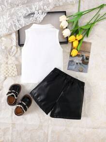 2pcs/Set,Baby Girl Spring&Summer Street Style,Sleeveless ,Open Half Collar Top&Leather Short Pants