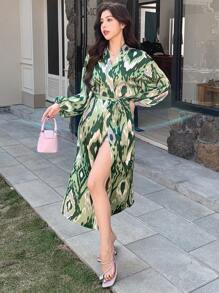 DAZY Đầm sơ mi midi cạp rộng in hoa toàn thân cho nữ, quần áo mùa thu cho nữ, áo dài tay - màu xanh lá - Xem 4