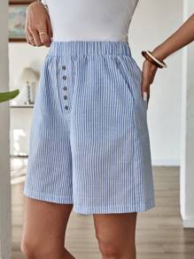 EMERY ROSE 中腰百慕大短裤，纯色，侧袋，宽松，膝盖长度，基本款式 - 藍白色 - 查看 5