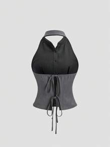 Flirla Deep Gray Front Button Decor Collar Open Back Bowknot Neck Suspender Tank Top, Minimalist And Elegant Business Work Design Ladies Spring/Summer - Dark Grey - View 2