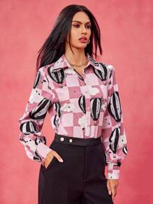 SHAQUITA GARCIA Camisa casual de diseñador con estampado de cuadros y mangas de farol, apta para festivales y oficina - Multicolor - Ver 3