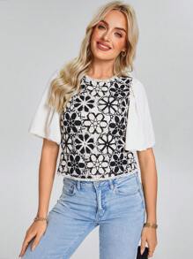 SHEIN LUNE Women White Short Puff Sleeve Blouse With Embroidered Design - Black and White - View 6