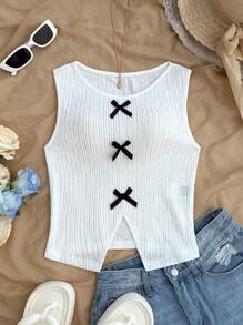 Soleia 女式可爱白色短款上衣，配黑色蝴蝶结细节和开衩下摆，夏季上衣 - 白色 - 查看 5