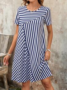 EMERY ROSE 女士条纹圆领短袖休闲短裙 - 藍白色 - 查看 1