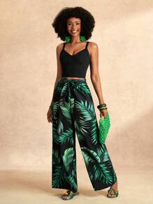 Zivah Black Fitted Spaghetti Strap Crop Top And Loose Wide Leg Pants/Baggy Pants/Flowy Pants/Palazzo 2-Piece Set - Casual Beach/Boho/Festival/Rave/Easter/Old Money/Country Concert/Going Out/Fairycore/Airport/Western/Tropical Vacation Outfits For Women - Multicolor - View 1