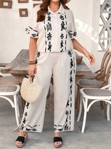 SHEIN LUNE 2 pièces Ensemble chemise à manches courtes et pantalon à taille élastique ample avec imprimé floral pour femmes grandes tailles, polyvalent et confortable pour le printemps/été - Multicolore - Voir 5