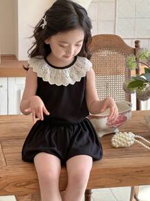 DAZY 2pcs/Set Young Girl Simple & Chic Casual Daily Sleeveless Top And Skirt Set,Girls Summer Outfits - Black - View 5