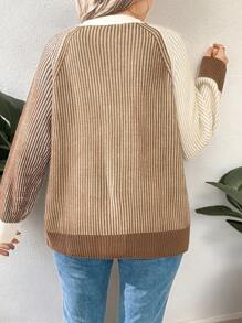 SHEIN LUNE 大码女式休闲条纹拼色插肩袖单排扣开衫 - 咖啡棕 - 查看 2