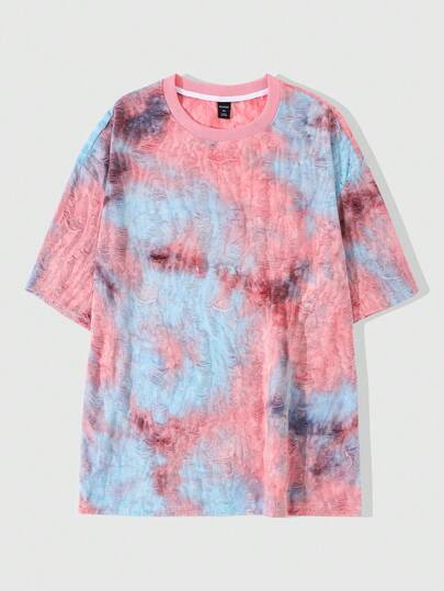 Street Life T-shirt déchiré à effet tie-dye printemps/été pour hommes, style minimaliste et décontracté pour un port quotidien