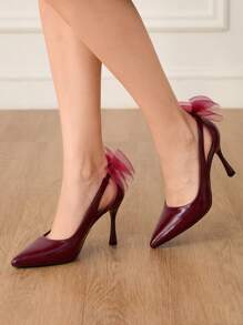 CUCCOO HITCHD 女士尖头高跟鞋时尚优雅网眼蝴蝶装饰红色婚礼派对高跟鞋，春季休闲办公穿着女士别致美学经典风格新娘鞋 - 酒紅色 - 查看 7