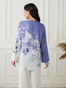Seusyu Women Floral Print V-Neck Cuffed Sleeve Shirt Fall Cloth For Women - Multicolor - View 2