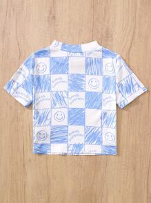 SHEIN Tween Girls' Solid Color Smiling Face Knit Crop Top Casual T-Shirt