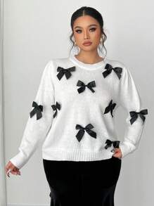 SHEIN Unity Plus Size Women's Bow Knot Pullover Long Sleeve Sweater Knit Pullover Fall Winter Sweater - White - View 3