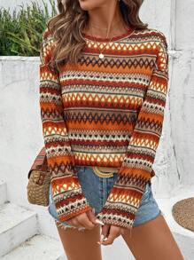 Breezaya Bohemian Style Striped Women's Casual Long Sleeve T-Shirt Fall Cloth For Women - Multicolor - View 1