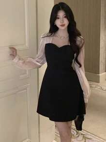 DAZY Women's Color Block Casual Elegant Korean Style Long Sleeve Midi Dress