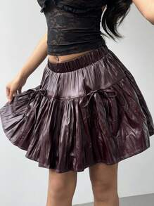 Aloruh Minifalda plisada de PU para mujer, color borgoña, adecuada para Navidad, Año Nuevo, Día de San Valentín